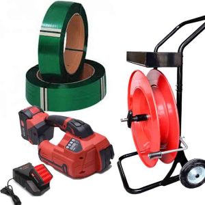Seturi de legare ARGON 10-16mm PET/PP includ acumulator & încărcător + bandă PET 12mm - derulator de bandă cu cărucior