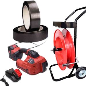 Seturi de legare cu bandă polipropilenă ARGON 10-16mm PET/PP includ acumulator & încărcător + bandă PP 12mm - derulator de bandă cu cărucior
