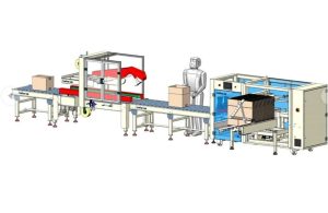Linie de ambalare cutii LINEBOX-03 cu mașina de format cutii, conveiorul cu role și mașina de sigilat cutii